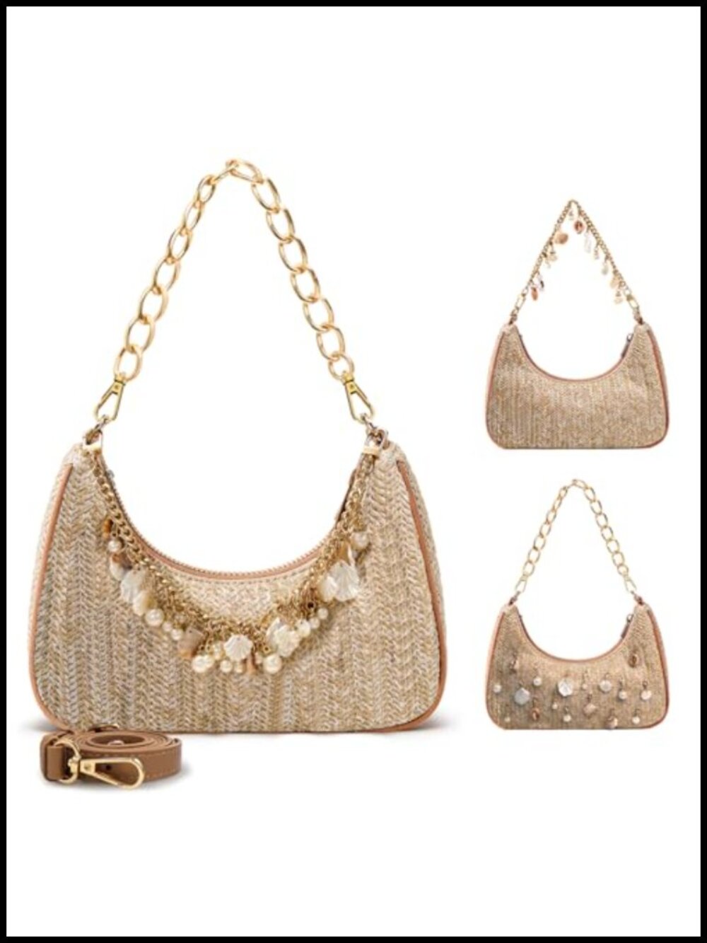 Handwoven Straw Shoulder Bag with Beaded Chain and Shell Pearl Charms